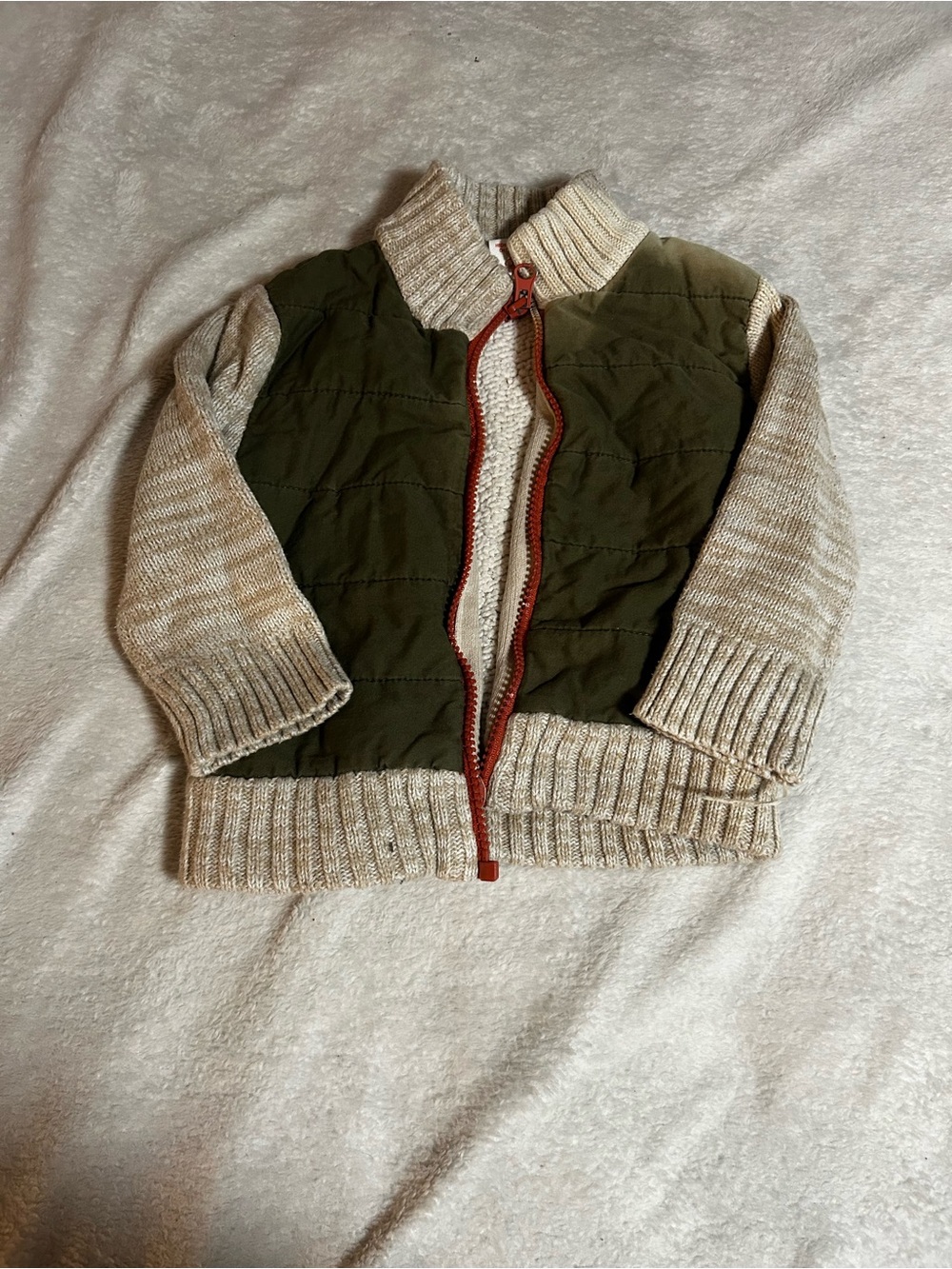 Cat & Jack Olive Green and Cream Quilted Front Zip Jacket